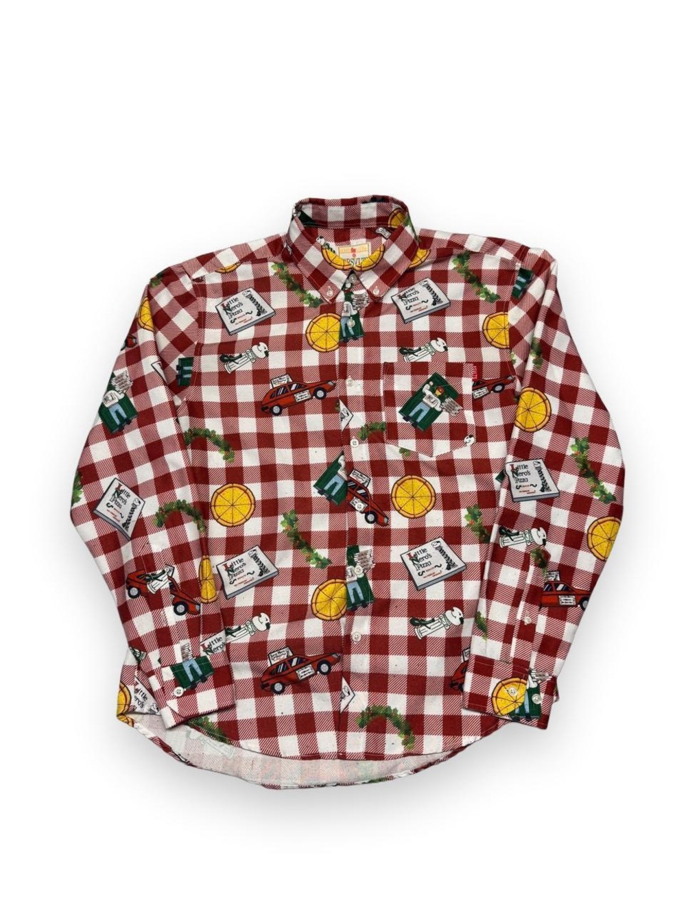 RSVLTS Home Alone little Nero’s pizza AOP button down shirt M mens checkered Red